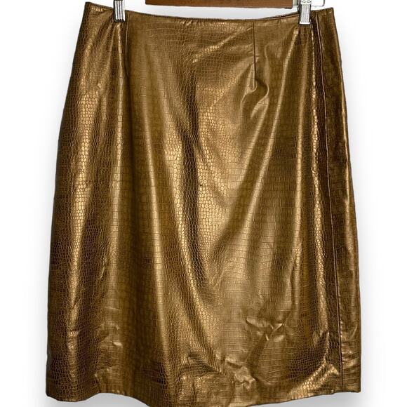 OCI Faux Leather Skirt Women's 11 Juniors Golden Brown Embossed Chic Modest New - Picture 5 of 12